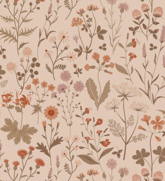 Papel pintado pradera flores silvestres colores naranjas y rosa palo fondo nude - Yorkshire Floral 684542