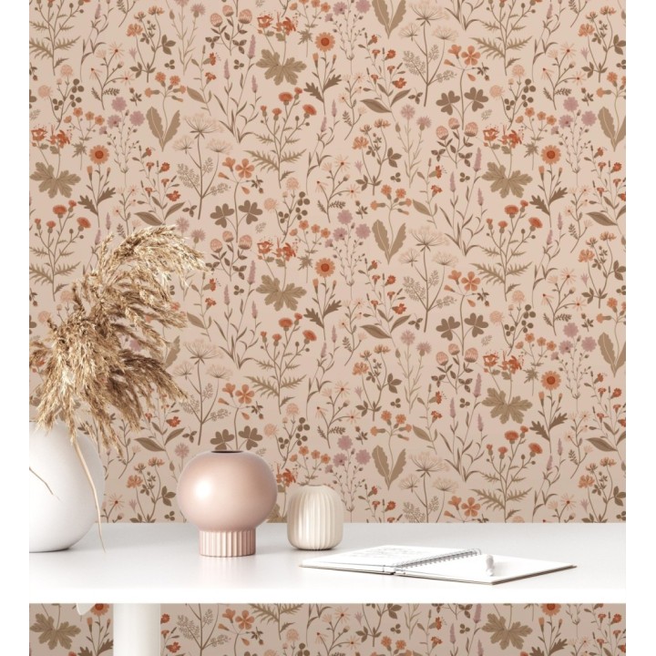 Papel pintado pradera flores silvestres colores naranjas y rosa palo fondo nude - Yorkshire Floral 684542