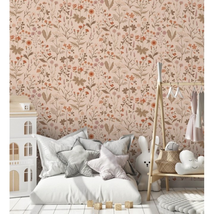 Papel pintado pradera flores silvestres colores naranjas y rosa palo fondo nude - Yorkshire Floral 684542