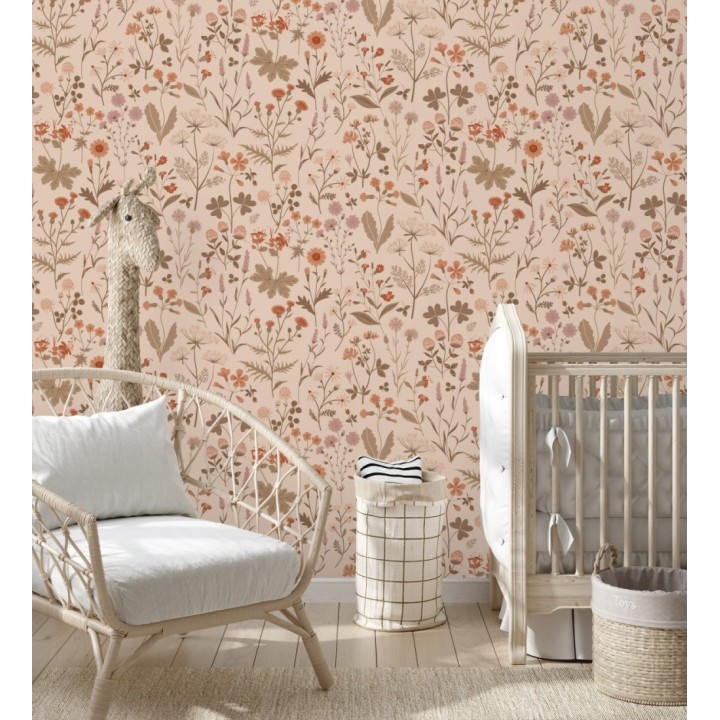 Papel pintado pradera flores silvestres colores naranjas y rosa palo fondo nude - Yorkshire Floral 684542