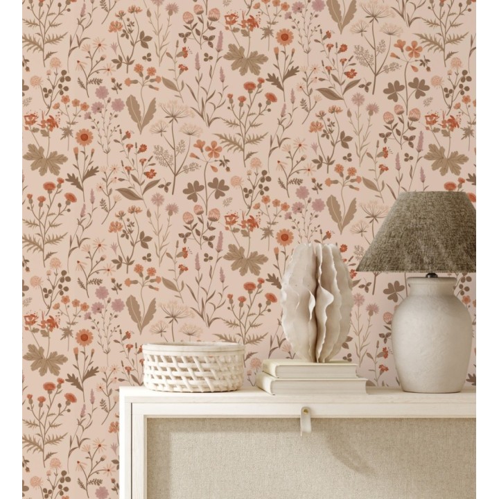 Papel pintado pradera flores silvestres colores naranjas y rosa palo fondo nude - Yorkshire Floral 684542