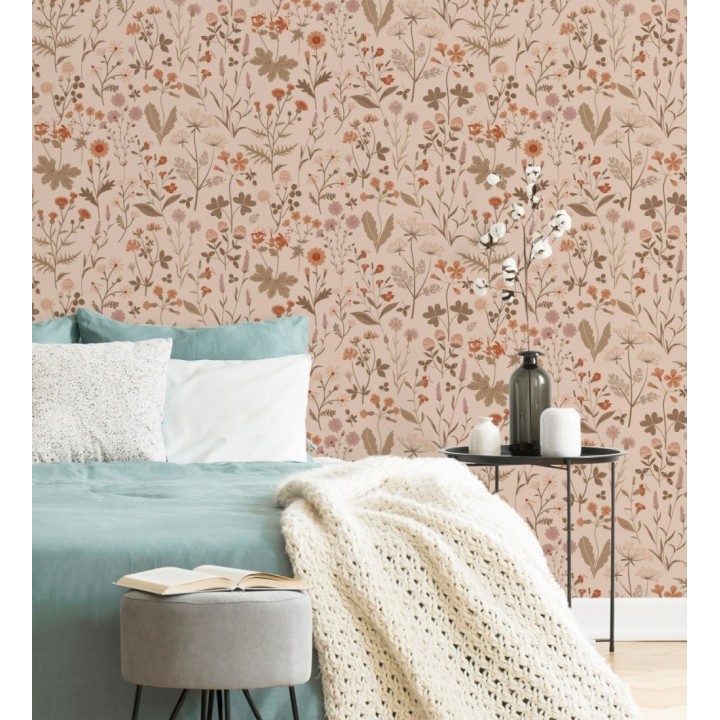 Papel pintado pradera flores silvestres colores naranjas y rosa palo fondo nude - Yorkshire Floral 684542