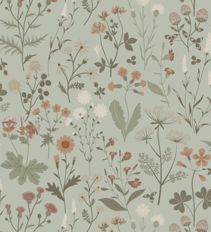 Papel pintado pradera flores silvestres colores naranjas y blanco fondo verde - Yorkshire Floral 684543