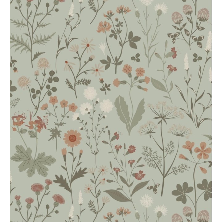 Papel pintado pradera flores silvestres colores naranjas y blanco fondo verde - Yorkshire Floral 684543