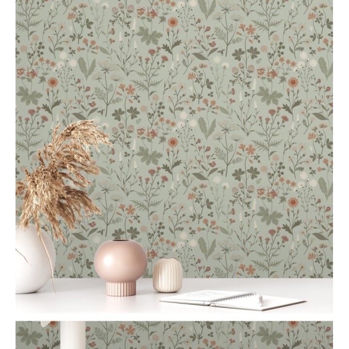 Papel pintado pradera flores silvestres colores naranjas y blanco fondo verde - Yorkshire Floral 684543