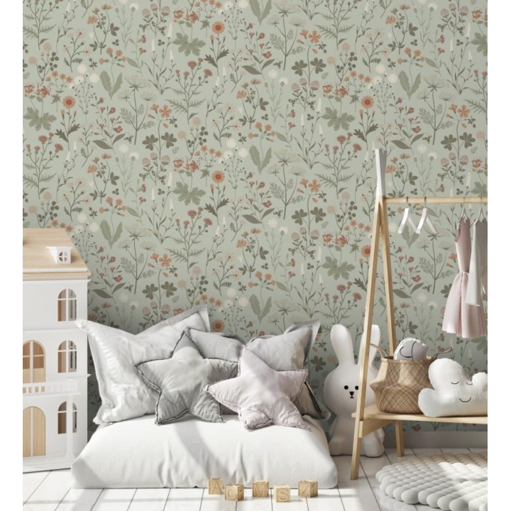 Papel pintado pradera flores silvestres colores naranjas y blanco fondo verde - Yorkshire Floral 684543