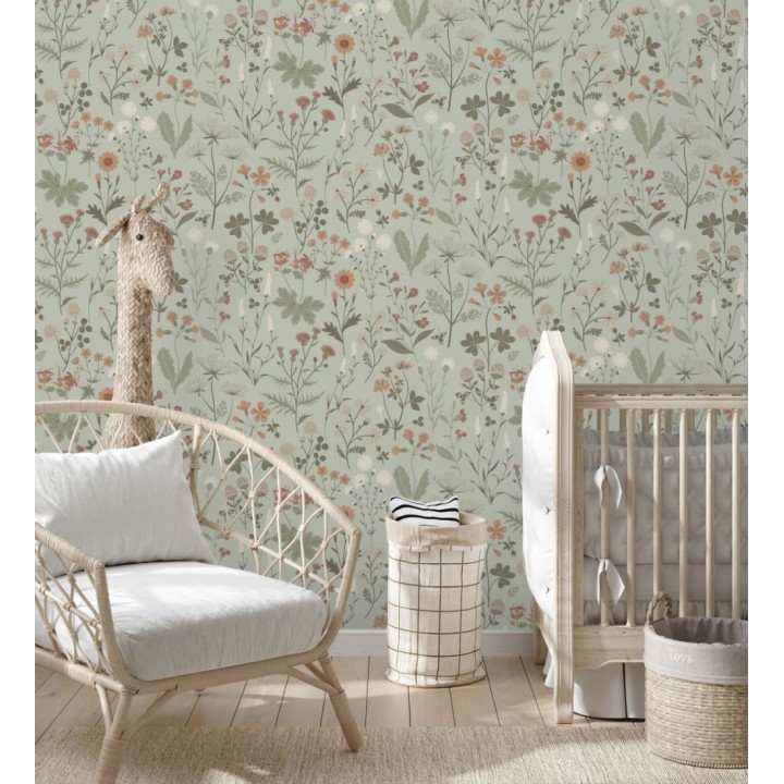 Papel pintado pradera flores silvestres colores naranjas y blanco fondo verde - Yorkshire Floral 684543