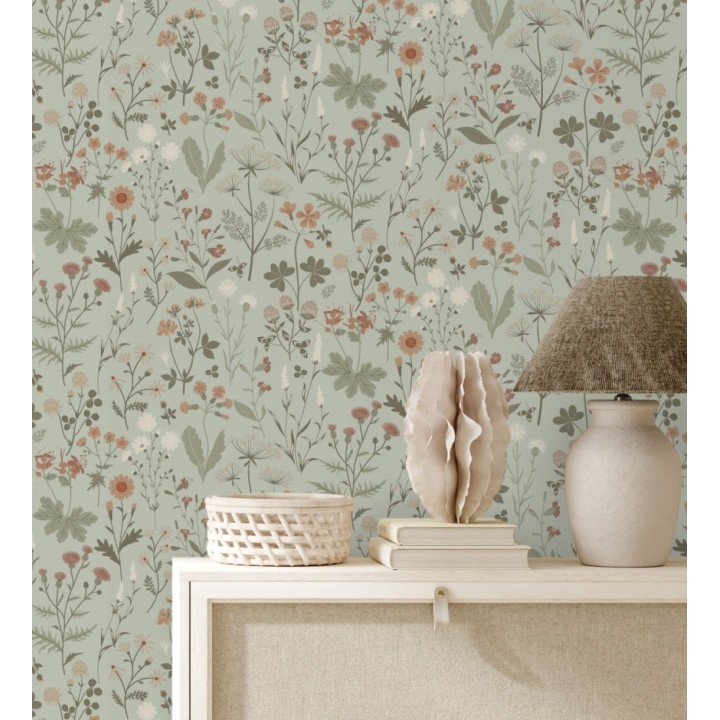 Papel pintado pradera flores silvestres colores naranjas y blanco fondo verde - Yorkshire Floral 684543