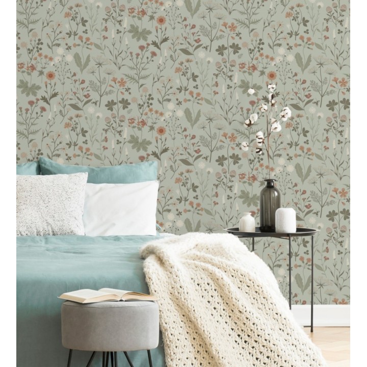 Papel pintado pradera flores silvestres colores naranjas y blanco fondo verde - Yorkshire Floral 684543