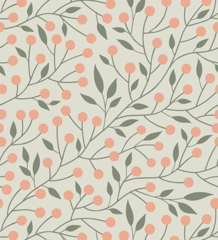 Papel pintado bayas silvestres tonos coral y verde - Lund Nordic 684544