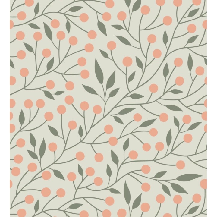 Papel pintado bayas silvestres tonos coral y verde - Lund Nordic 684544