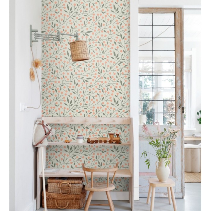 Papel pintado bayas silvestres tonos coral y verde - Lund Nordic 684544