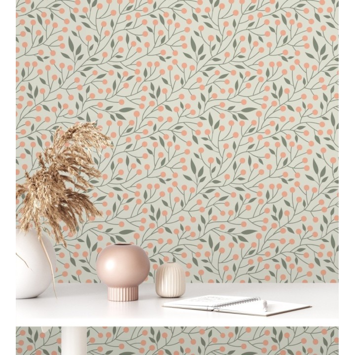Papel pintado bayas silvestres tonos coral y verde - Lund Nordic 684544