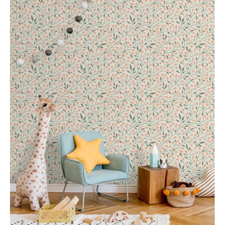 Papel pintado bayas silvestres tonos coral y verde - Lund Nordic 684544