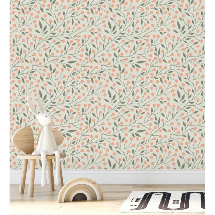 Papel pintado bayas silvestres tonos coral y verde - Lund Nordic 684544