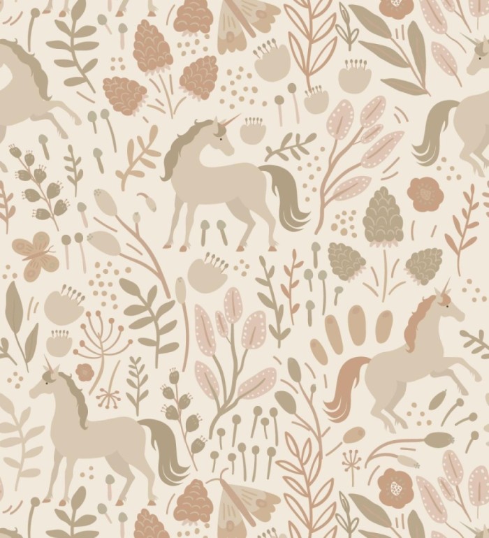 Papel pintado unicornios en jardín místico fondo beige - Sherwood Unicorns 684549