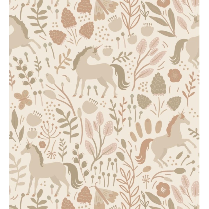 Papel pintado unicornios en jardín místico fondo beige - Sherwood Unicorns 684549