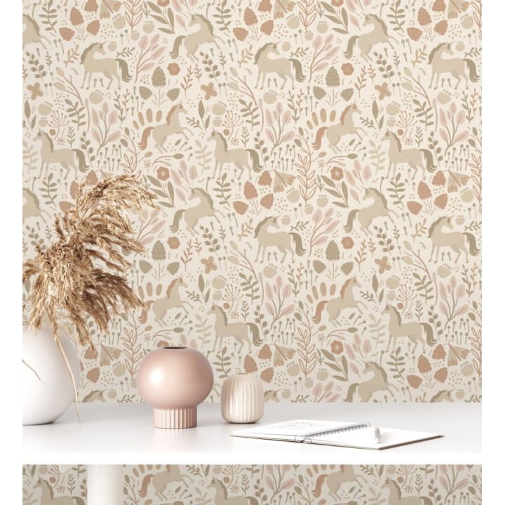 Papel pintado unicornios en jardín místico fondo beige - Sherwood Unicorns 684549