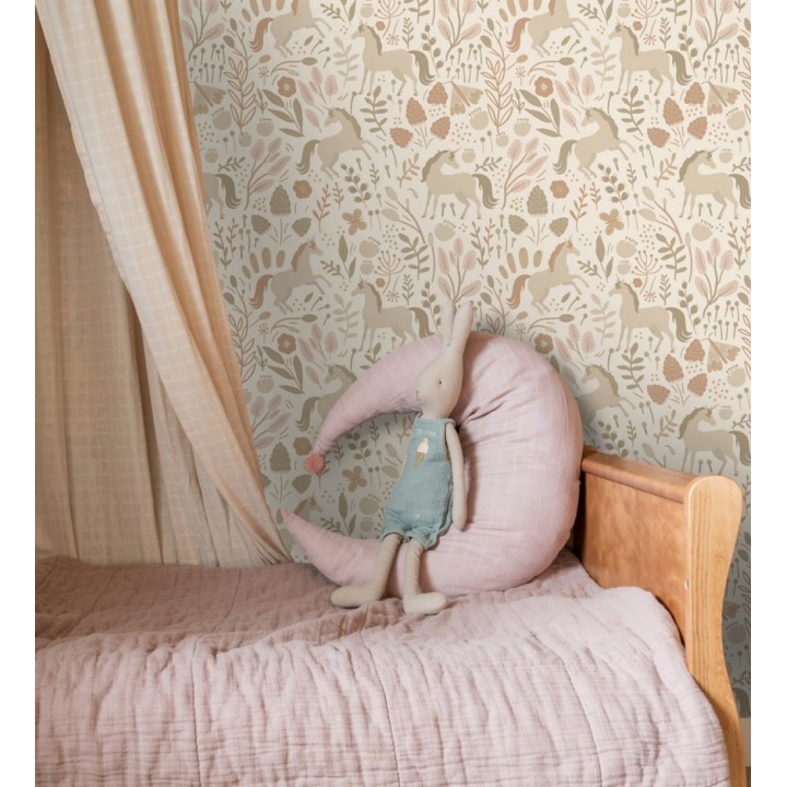 Papel pintado unicornios en jardín místico fondo beige - Sherwood Unicorns 684549