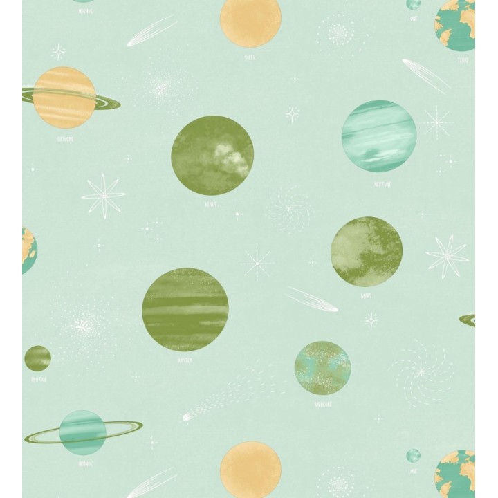 Papel pintado planetas sistema solar fondo verde menta - Juno Planetary 684552