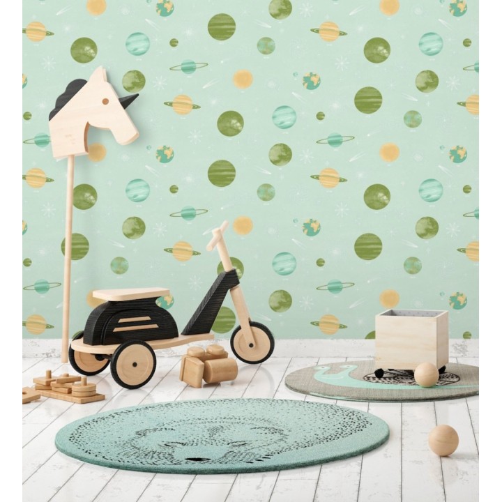 Papel pintado planetas sistema solar fondo verde menta - Juno Planetary 684552