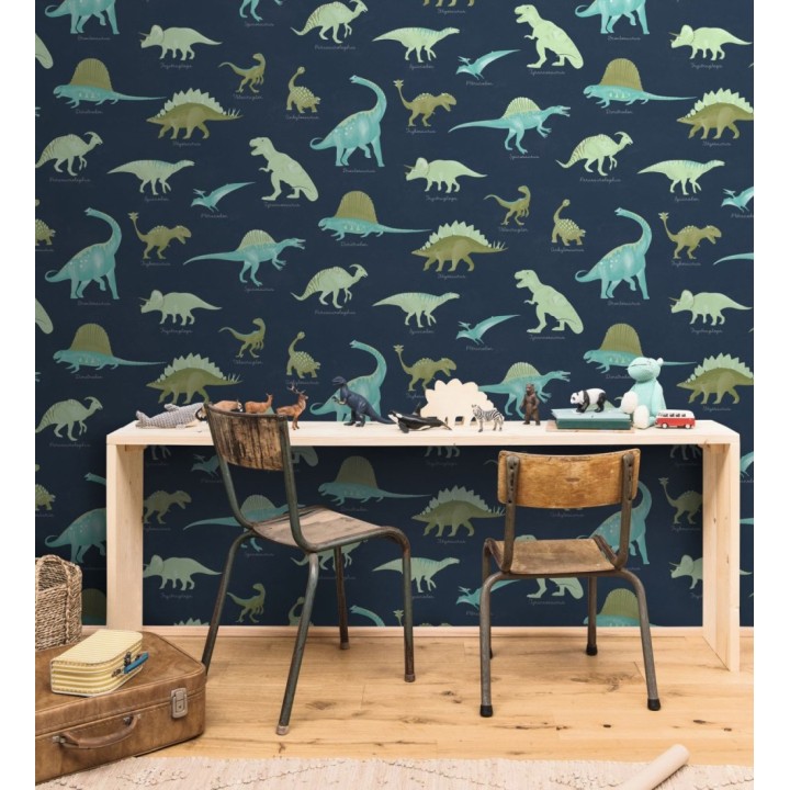 Papel pintado jurásico de dinosaurios fondo azul noche - Yukon Jurassic 684557