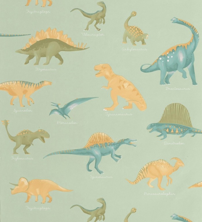 Papel pintado jurásico de dinosaurios fondo verde menta - Yukon Jurassic 684558