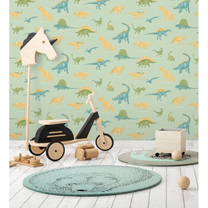 Papel pintado jurásico de dinosaurios fondo verde menta - Yukon Jurassic 684558