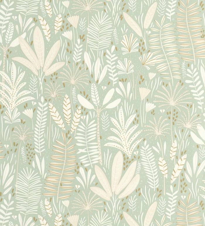 Papel pintado de hojas tropicales en tonos verde y crema - Arauca Leafy 684561