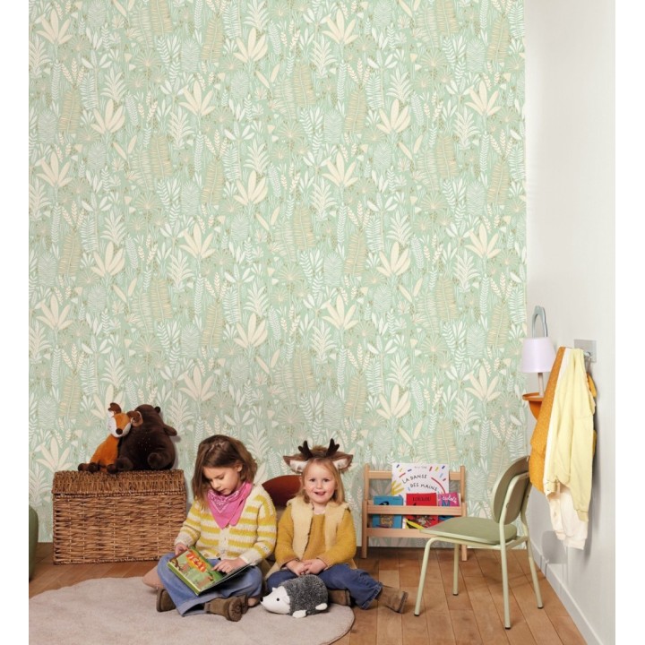 Papel pintado de hojas tropicales en tonos verde y crema - Arauca Leafy 684561