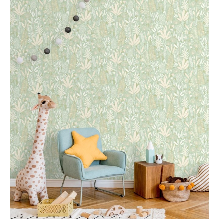 Papel pintado de hojas tropicales en tonos verde y crema - Arauca Leafy 684561
