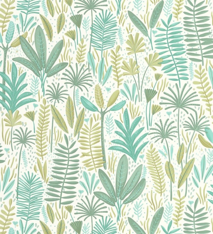 Papel pintado de hojas tropicales en tonos turquesa y verde - Arauca Leafy 684562