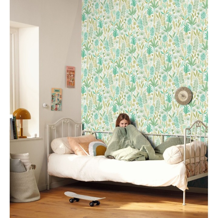 Papel pintado de hojas tropicales en tonos turquesa y verde - Arauca Leafy 684562