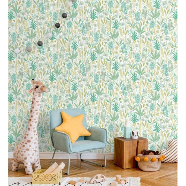 Papel pintado de hojas tropicales en tonos turquesa y verde - Arauca Leafy 684562