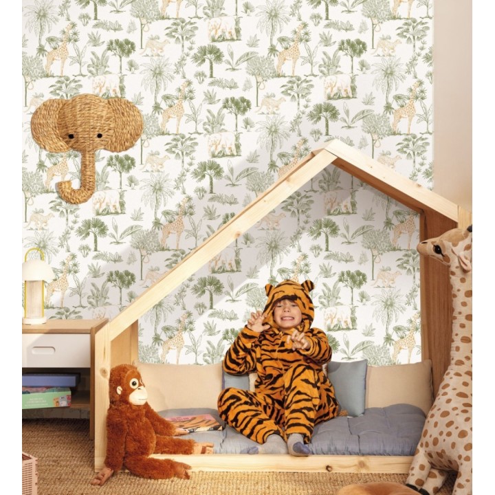 Papel pintado de palmeras con jirafas guepardos elefantes y lémures - Oliver Safari 684564
