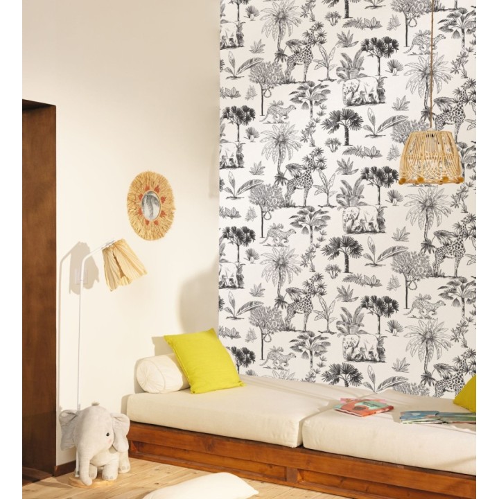 Papel pintado de palmeras con jirafas guepardos elefantes y lémures - Oliver Safari 684565