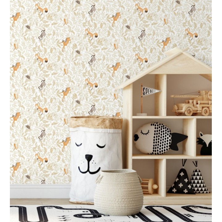 Papel pintado infantil de ciervos erizos mapaches y búhos - Robin Chirpy 684566