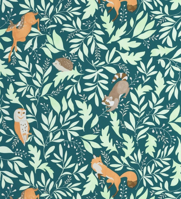 Papel pintado de ciervos erizos mapaches y búhos infantil - Robin Chirpy 684567