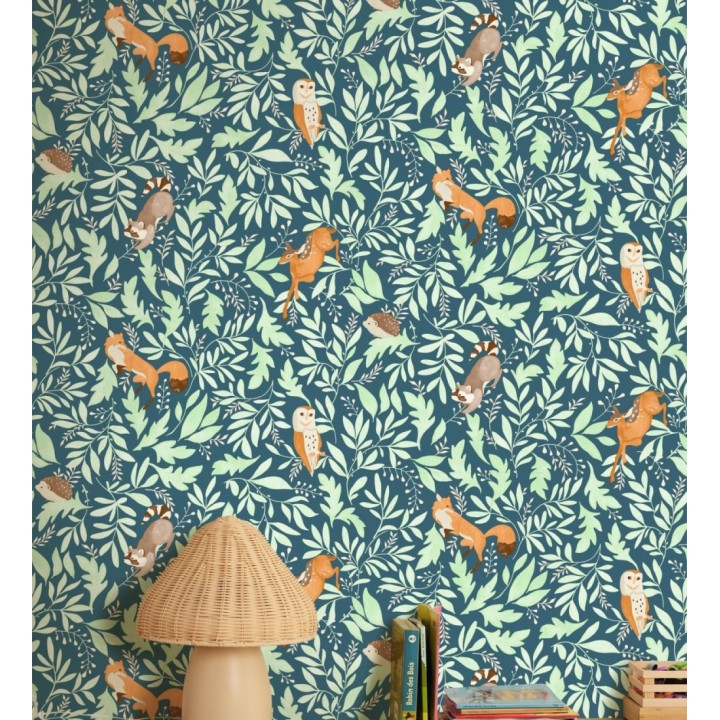 Papel pintado de ciervos erizos mapaches y búhos infantil - Robin Chirpy 684567