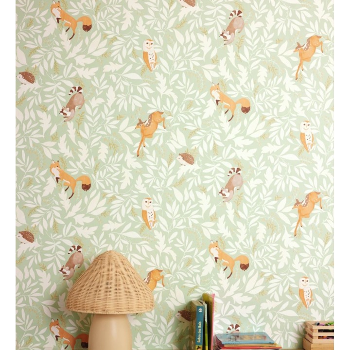 Papel pintado infantil de ciervos erizos mapaches y búhos - Robin Chirpy 684568