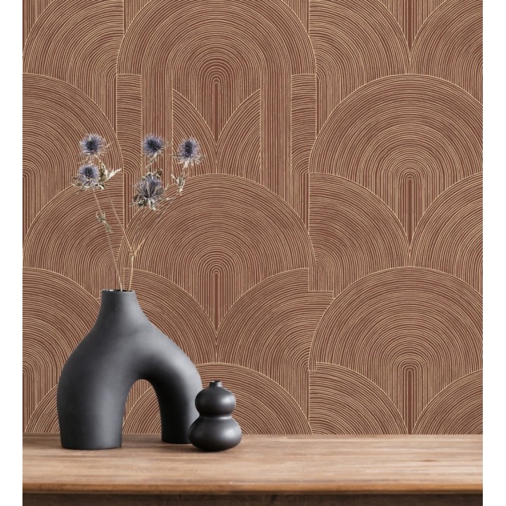 Papel pintado arcos art déco líneas doradas fondo rojo burdeos  - Bombay Graphic 684578