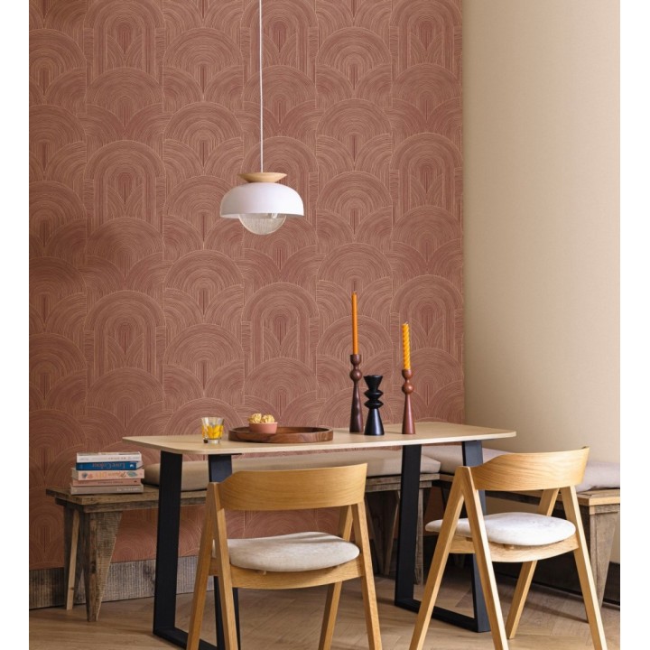 Papel pintado arcos art déco líneas doradas fondo rojo burdeos  - Bombay Graphic 684578