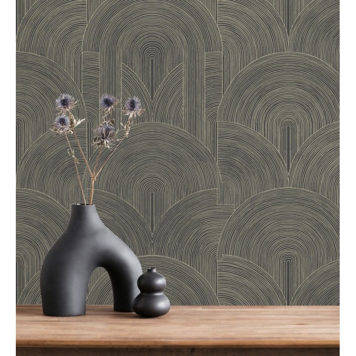 Papel pintado arcos art déco líneas doradas fondo negro - Bombay Graphic 684580