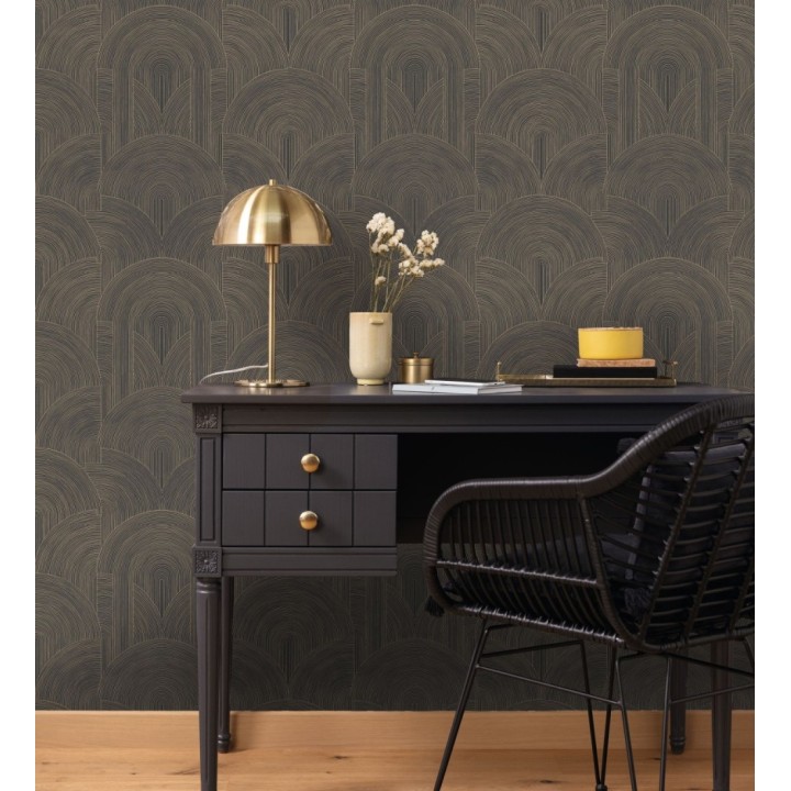 Papel pintado arcos art déco líneas doradas fondo negro - Bombay Graphic 684580