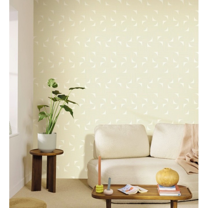 Papel pintado laberinto abstracto de líneas dorada fondo crema - Leipzig Technical 684581
