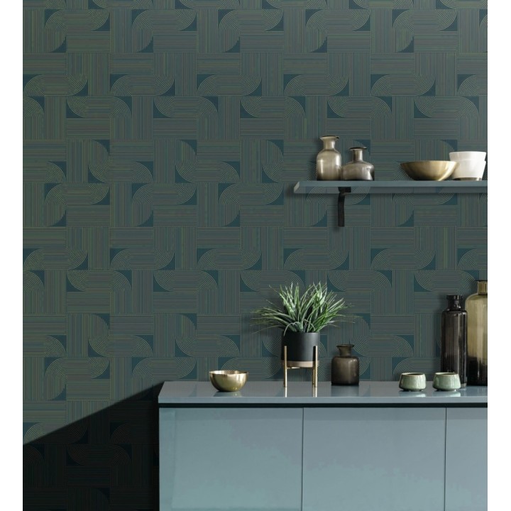 Papel pintado laberinto abstracto de líneas dorada fondo azul - Leipzig Technical 684582