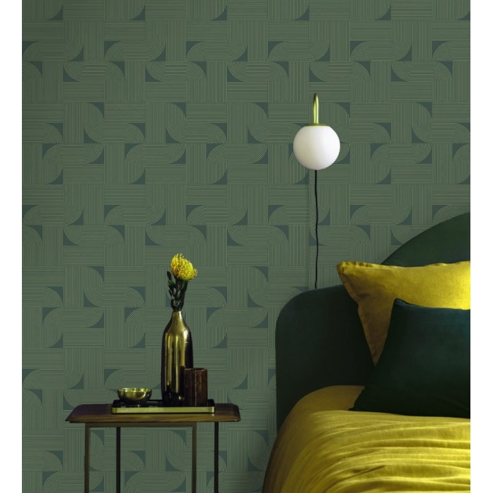 Papel pintado laberinto abstracto de líneas dorada fondo verde - Leipzig Technical 684583
