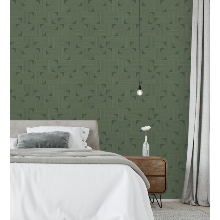 Papel pintado laberinto abstracto de líneas dorada fondo verde - Leipzig Technical 684583