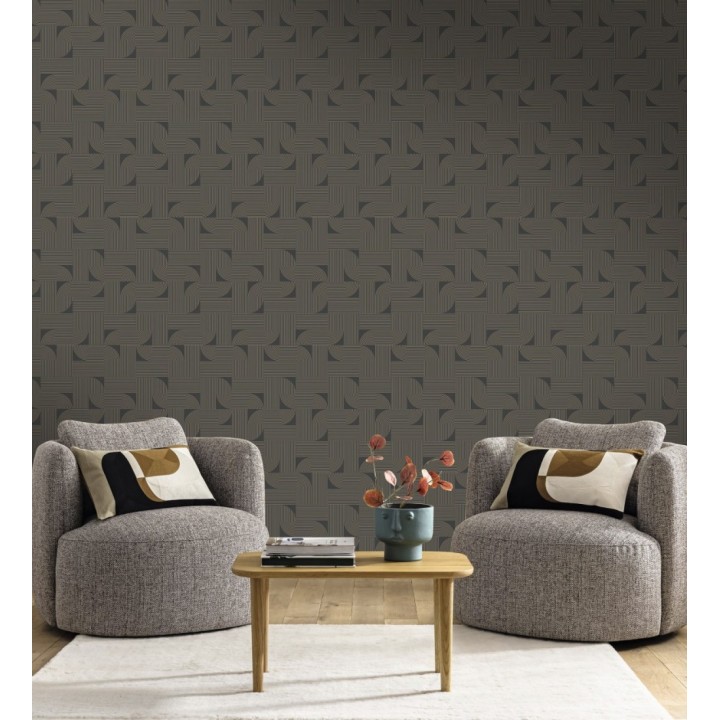 Papel pintado laberinto abstracto de líneas dorada fondo negro - Leipzig Technical 684584