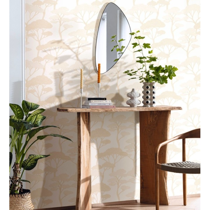 Papel pintado árboles zen dorados minimalista fondo blanco - Shimane Bonsai 684585